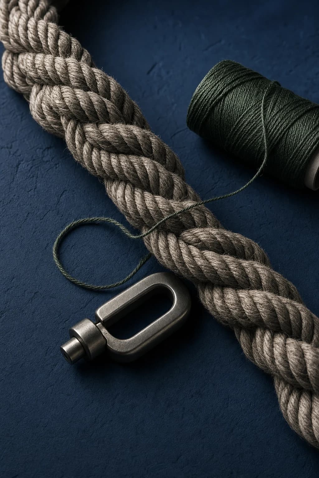 A braided rope and green thread crossing a deep navy surface beside a metal connector